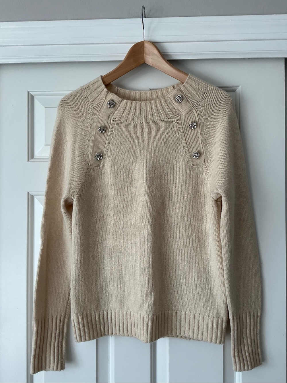 J. Crew Cream Wool Blend Crewneck Sweater with Crystal Jeweled Buttons XS